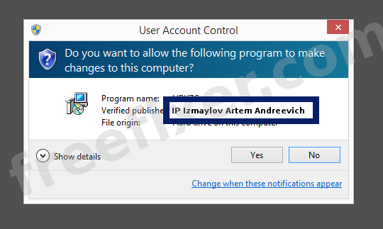 Screenshot where IP Izmaylov Artem Andreevich appears as the verified publisher in the UAC dialog